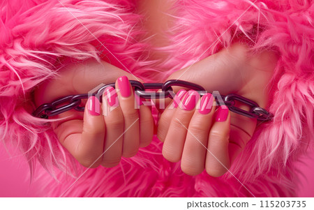 Vibrant pink nails gripping a metal chain set against fluffy pink fur, symbolizing bold femininity 115203735