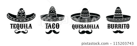 Mexican sombrero. Burrito and taco, quesadilla and tequila signs. Isolated vector black silhouettes of traditional latin headwear with mustaches and creative typography names of national tex mex meals Mexican sombrero. Burrito and taco, quesadilla and tequila signs. Isolated vector black silhouettes of traditional latin headwear with mustaches and creative typography names of national tex mex meals 115203743