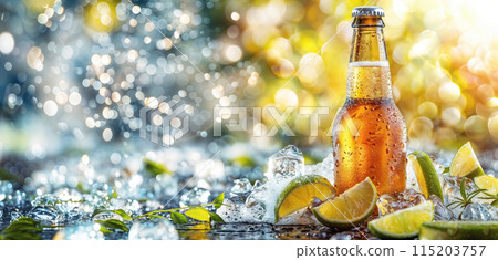 Cold beer with lime slices and ice on a shimmering bokeh backdrop 115203757