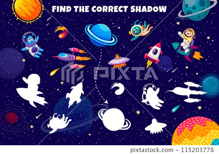 Kids game, find the correct shadow of galaxy space objects. Silhouette find child game, shadow match vector puzzle or riddle worksheet with alien and kid astronaut cartoon character, rocket and planet Kids game, find the correct shadow of galaxy space objects. Silhouette find child game, shadow match vector puzzle or riddle worksheet with alien and kid astronaut cartoon character, rocket and planet 115203778