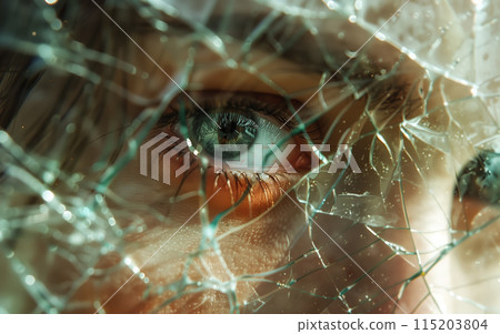 Closeup of an eye peering through cracked glass, conveying intense emotions 115203804