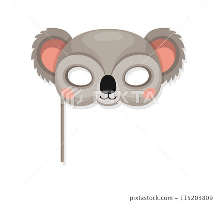 Koala animal carnival party mask. Festival or birthday costume. Isolated vector decorative festive face covering for kids holiday celebration. Cute mask with head of funny jungle koala bear on stick Koala animal carnival party mask. Festival or birthday costume. Isolated vector decorative festive face covering for kids holiday celebration. Cute mask with head of funny jungle koala bear on stick 115203809