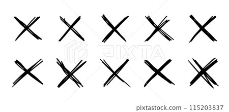 X scribble cross marks in black ink. Vector set of grunge error or cancellation symbols. Isolated rough, brush strokes, incorrect rejection icons, monochrome sketch cancellation or removal signs 115203837