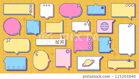 Retro Memphis speech bubbles in 80s style. Vector set of dialogue balloons in array of shapes and sizes, with playful symbols like hearts, stars and planets. Pink, blue, yellow text boxes on grid page 115203840