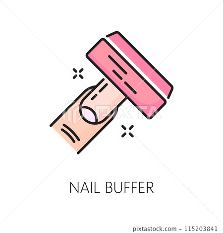 Manicure service nail buffer color line icon. Woman beauty or spa salon nail service, manicure and pedicure master cosmetology linear vector sign. Cosmetics and makeup shop outline pictogram or icon Manicure service nail buffer color line icon. Woman beauty or spa salon nail service, manicure and pedicure master cosmetology linear vector sign. Cosmetics and makeup shop outline pictogram or icon 115203841