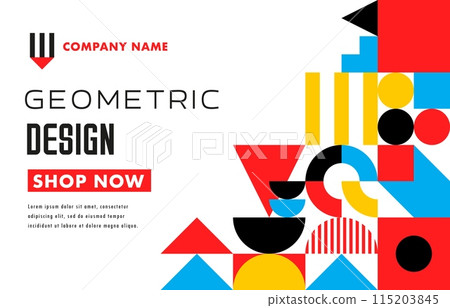 Abstract geometric modern business poster, site landing page with creative pattern. Vector modern modular web banner template with white, black, red, blue and yellow colors, minimal geometry shapes Abstract geometric modern business poster, site landing page with creative pattern. Vector modern modular web banner template with white, black, red, blue and yellow colors, minimal geometry shapes 115203845