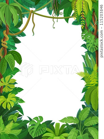 African tropical forest liana frame with jungle plant leaves. Vector background with rainforest foliage, green grass, vines, tree branches. Paradise vertical border template with lush tropic thickets 115203846