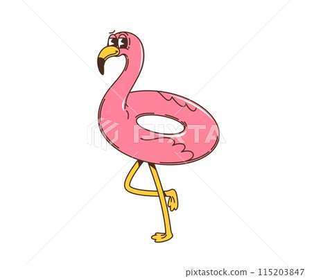 Retro cartoon groovy flamingo float ring character stands on one leg, sporting an unamused expression. Vector vintage personage exuding laid-back summer vibes with bright pink hue and relaxed stance 115203847