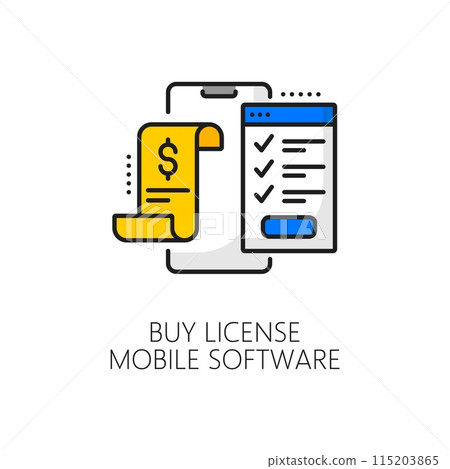 Buy license mobile software update color line icon. Mobile phone application or driver software upgrade or smartphone app license line vector pictogram with bill and user agreement document Buy license mobile software update color line icon. Mobile phone application or driver software upgrade or smartphone app license line vector pictogram with bill and user agreement document 115203865