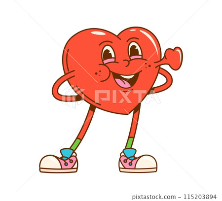 Cartoon groovy valentine love heart character with beating heart. Cute vector personage of Valentines Day, funny love emoticon standing with happy smiling face. Hippy groovy emoji of romantic emotion 115203894