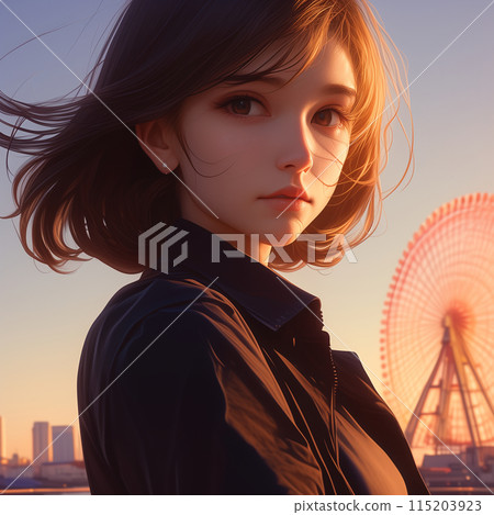 Portrait of a woman standing in a harbor at sunset Portrait of a woman standing in a harbor at sunset 115203923