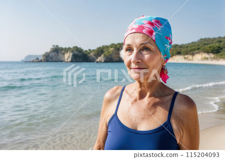 Cancer survivor enjoying her time on a beach, getting some fresh air and sunshine Cancer survivor enjoying her time on a beach, getting some fresh air and sunshine 115204093