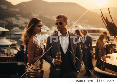 Elegant couple sipping champagne at luxurious yacht party during sunset 115204096
