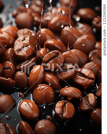 Coffee beans with drops of water on a dark background. 115204364