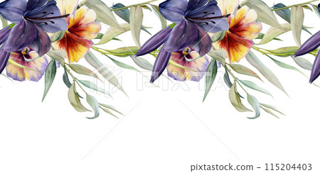 Hand drawn watercolor illustration boho botanical flowers leaves. Dark lily clivia amaryllis, pansy viola, willow eucalyptus. Seamless banner isolated white. Design wedding suite, love cards, shop 115204403