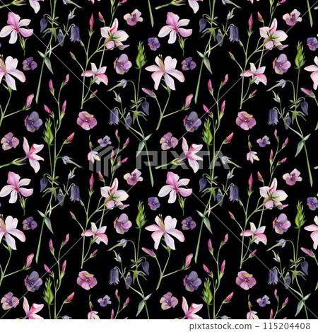 Hand drawn watercolor illustration shabby boho botanical leaves. Pink lobelia jasmine orange flower impatiens. Seamless pattern isolated on dark background. Design wedding, love cards, gift paper Hand drawn watercolor illustration shabby boho botanical leaves. Pink lobelia jasmine orange flower impatiens. Seamless pattern isolated on dark background. Design wedding, love cards, gift paper 115204408