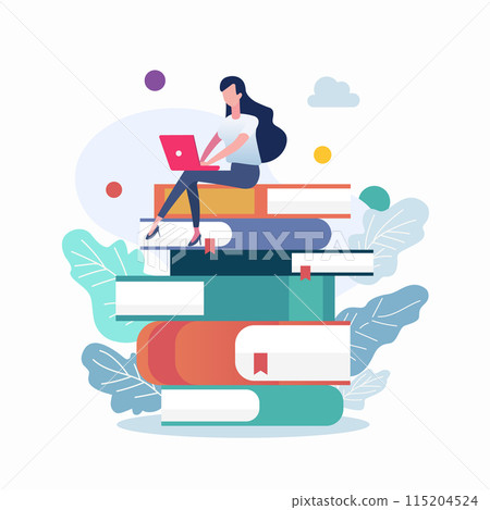 Woman in casual clothes working on laptop computer while sitting on books 115204524