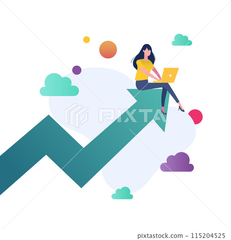 Woman sitting on growing graph and working on laptop 115204525