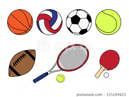 Vector illustration of various sports equipment including balls and rackets, perfect for sports-related content. 115204825