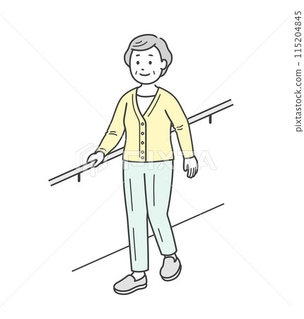Illustration of an elderly woman smiling and doing walking training while holding onto a handrail 115204845