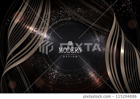 Composition with a round frame in beige with tinsel and ribbons on a dark design 115204886