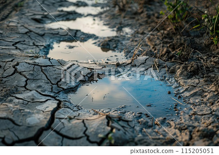 Dried Riverbed Landscape, Cracked Bottom with Small Puddles, Global Warming Concept 115205051
