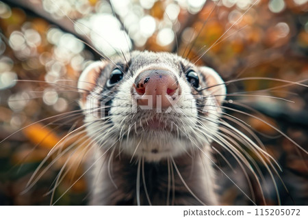 Ferret Close up Portrait, Fun Animal Looking into Camera, Ferret Nose, Wide Angle Lens 115205072