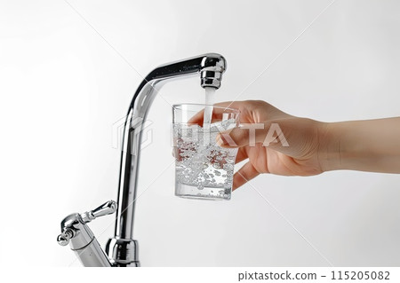 Water Glass in Hand, Filling Glass With Tap Water From Faucet Closeup Isolated on White Background Water Glass in Hand, Filling Glass With Tap Water From Faucet Closeup Isolated on White Background 115205082