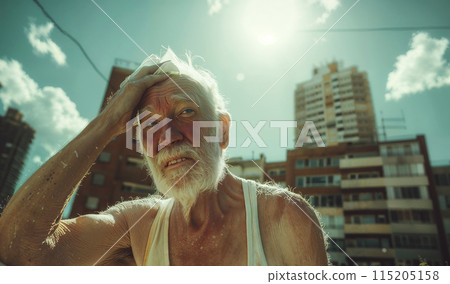 Elderly man wiping sweat from his forehead, overwhelmed by extreme city heatwave 115205158