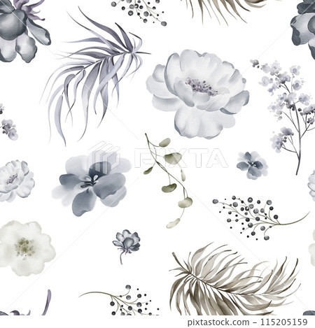 Watercolor winter pattern. Seamless botanical background. Floral design of flowers and leaves. Blue, gray and indigo. Christmas pattern of exotic plants. Textile design. Watercolor winter pattern. Seamless botanical background. Floral design of flowers and leaves. Blue, gray and indigo. Christmas pattern of exotic plants. Textile design. 115205159
