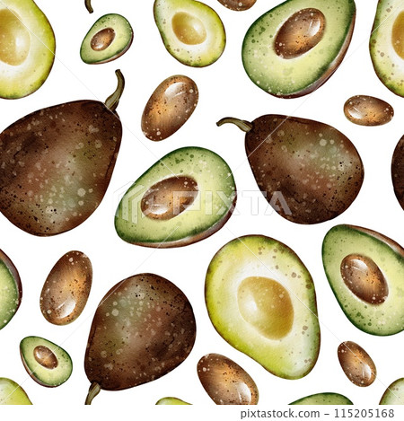 Watercolor seamless avocado pattern. Fresh fruit on a white background. Hand-drawn vegetable halves. Proper nutrition ornament. Vegetarian background for textile and packaging. 115205168