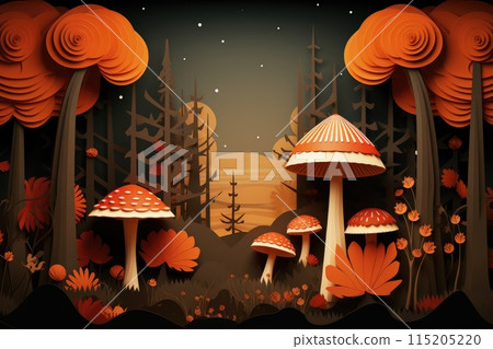 magical forest with mushrooms paper art illustration 115205220