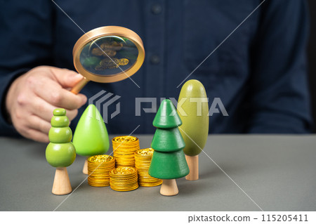 Businessman holding magnifying glass over trees near coins. green bonds. The concept of investment in the development of city parks and the planting of greenery and plants. Fresh air Caring for nature 115205411