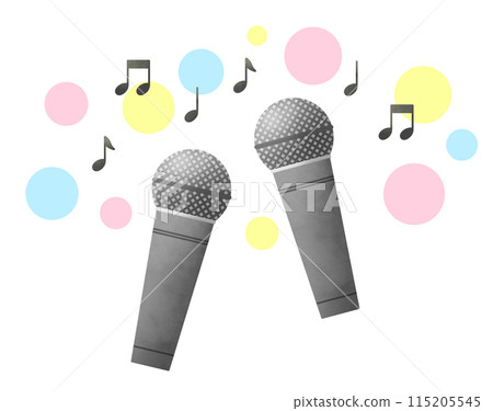 麥克風、音符和享受二重唱的彩色圓圈的插圖 115205545