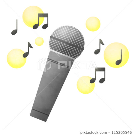 手持麥克風、快樂浮動的音符和黃色蓬鬆圓圈的插圖 115205546