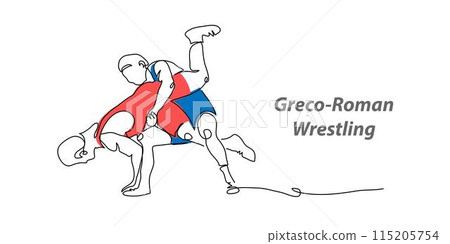 Greco roman wrestling vector background, banner, poster. One continuous line art drawing illustration of wrestling sport Greco roman wrestling vector background, banner, poster. One continuous line art drawing illustration of wrestling sport 115205754