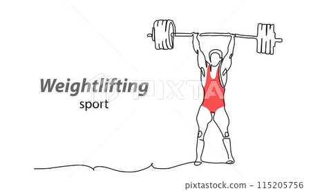 Weightlifting vector background, banner, poster. One continuous line art drawing illustration of weightlifting sport Weightlifting vector background, banner, poster. One continuous line art drawing illustration of weightlifting sport 115205756