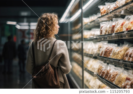Young woman contemplating various products in a grocery store, selecting items from shelves 115205793