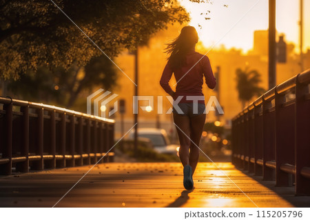 Woman jogging on a bridge against the backdrop of a sunset in the city 115205796