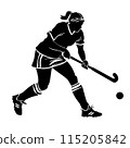 Field hockey vector black isolated silhouette of woman. Field hockey sport, olympic games illustration 115205842
