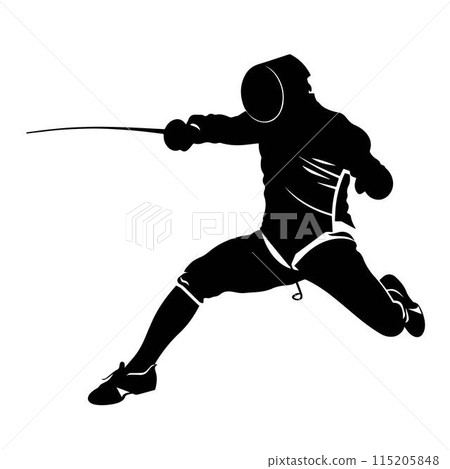 Fencing sport vector black isolated silhouette of man. Fencing sport, olympic games illustration Fencing sport vector black isolated silhouette of man. Fencing sport, olympic games illustration 115205848
