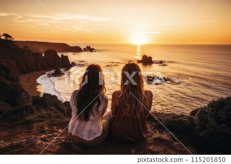 Friends watching sunset at seaside cliff 115205850