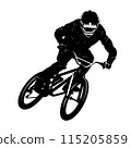 Cycling sport vector black isolated silhouette of man on bicycle. Cycling sportsman, olympic games illustration 115205859