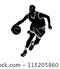 Basketball player vector black isolated silhouette of man with ball. Basketball sportsman, olympic games illustration 115205860