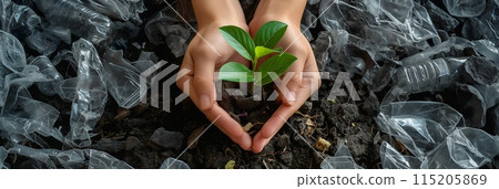 Environmental day concept. Hands protect seadling plant or sprout from plastic bottles, rubbish and garbage. Environmental day banner or background Environmental day concept. Hands protect seadling plant or sprout from plastic bottles, rubbish and garbage. Environmental day banner or background 115205869