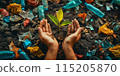 Environmental day concept. Hands protect seadling plant or sprout from plastic bottles, rubbish and garbage. Environmental day banner or background 115205870