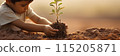A child boy plants a young plant in the soil in the desert background. Earth day, forest day, environmental day concept 115205871