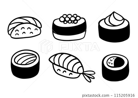Sushi Roll Japanese Food Doodle Icons Set 115205916