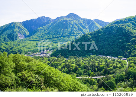 [Fresh greenery in Hirayu Onsen] View from Hirayu Pass and Kasami Bridge near the east exit of Hirayu Tunnel on Route 158 115205959