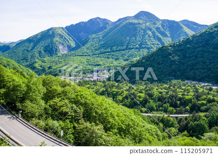 [Fresh greenery in Hirayu Onsen] View from Hirayu Pass and Kasami Bridge near the east exit of Hirayu Tunnel on Route 158 115205971